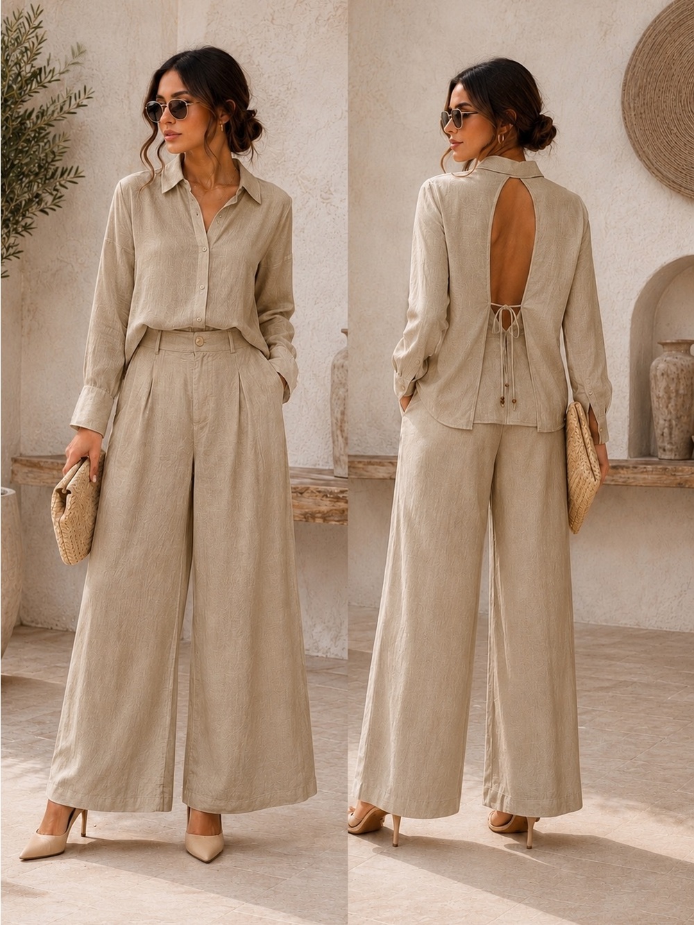IT01. Capri Open Back Tie Shirt Linen Blend Elegant Wide-Leg Pants Two-Piece Set